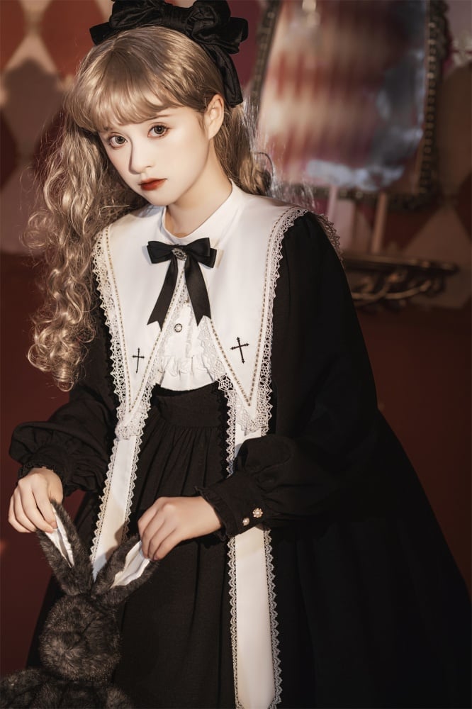 Black and White Cross Embroidery Pointed Collar with Straps One Piece Nun Lolita Costume