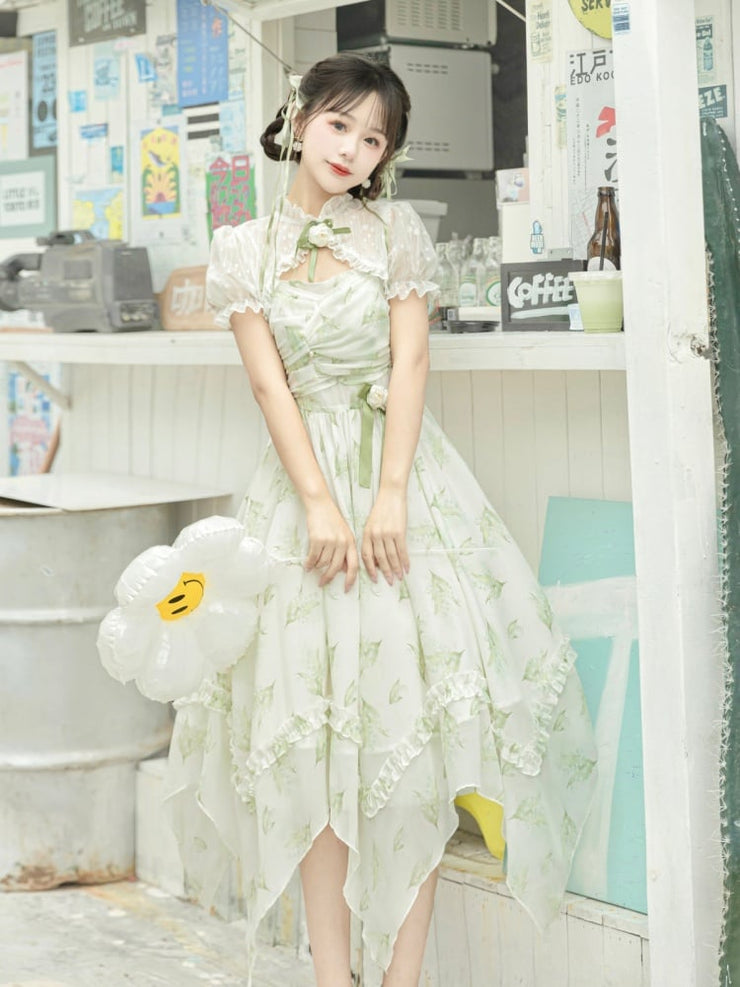 Clearance-Size L for Bust 90-104cm Light Green Lily of the Valley Print Handkerchief Hem Dress + Bolero