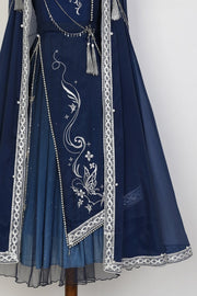 Dreamy Starry Night Dark Blue Butterfly Embroidery Long Dress + Cloak Set with Chains