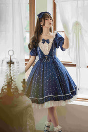 The Midsummer Milky Way Stars Pint Ruffle Design Short Puff Sleeves Lolita OP