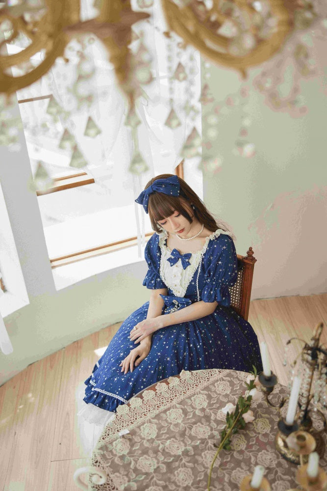 The Midsummer Milky Way Stars Pint Ruffle Design Short Puff Sleeves Lolita OP