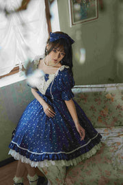 The Midsummer Milky Way Stars Pint Ruffle Design Short Puff Sleeves Lolita OP