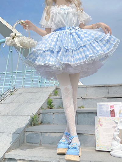 Alice Blue Diamond Pattern Tiered Skirt/White Square Neckline Short Sleeves Blouse