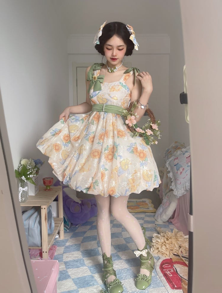 Sunflowers Print Bubble Skirt Summer Dress