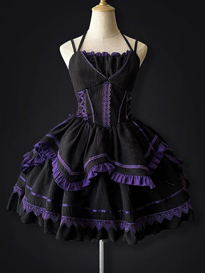 Black and Purple Lace-up Detail Gothic Jumper Skirt With Bow Train Halloween Dress