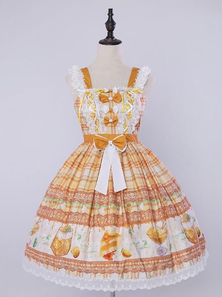 Mango Macchiato Dessert Print Plaid Pattern Sweet Lolita JSK