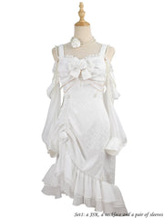 Camellia White Jacquard Rose Decoration Bead Detail Ruffle Mermaid Hemline Lolita JSK