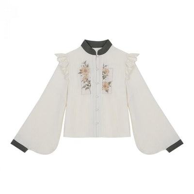 Sunflowers Appointment Floral Embroidery Banded Collar Long Sleeves Blouse