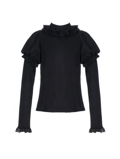 Souffle Black Ruffle Trim Round Neck Autumn Knitted Top