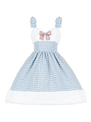 White and Blue Houndstooth Plaid and Plush Winter Lolita Dress