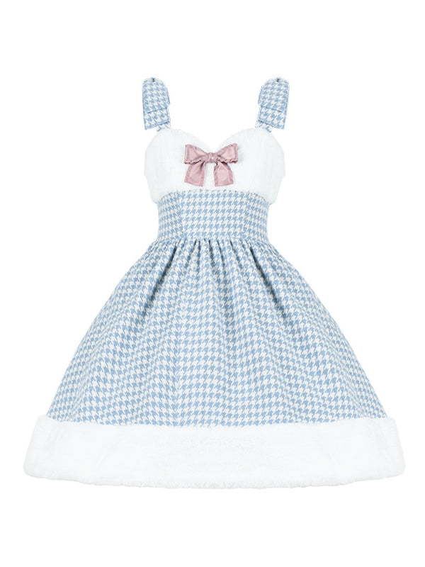 White and Blue Houndstooth Plaid and Plush Winter Lolita Dress