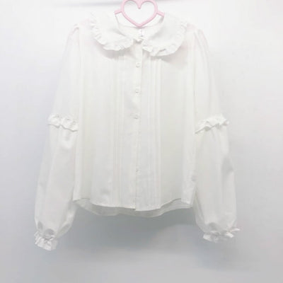 White Ruffle Trim Peter Pan Collar Long Ballon Sleeves Blouse