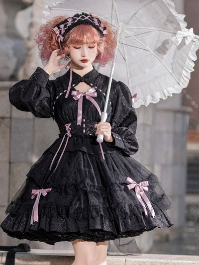 Black and Pink Love Song Big Bow Tiered Ruffles Long Sleeves One Piece