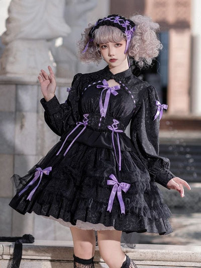 Black and Purple Love Song Big Bow Tiered Ruffles Long Sleeves Lolita OP