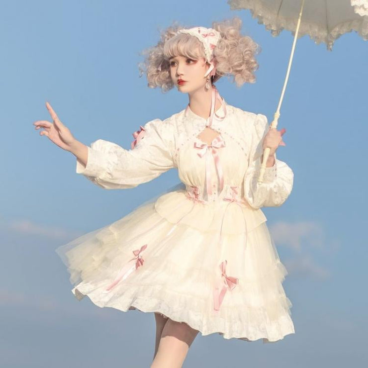 White and Pink Love Song Big Bow Tiered Ruffles Long Sleeves Lolita OP