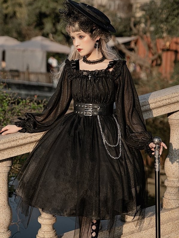 Black Gothic Lolita Dress with Separate Corset Belt