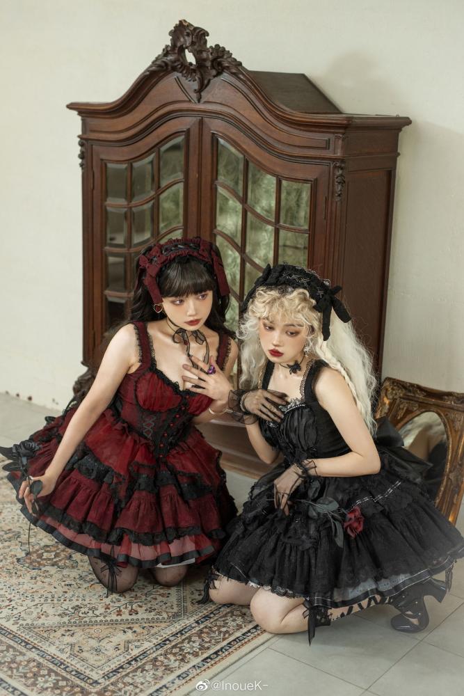 Black Gothic Corset Dress Tiered Ruffles Hem Lolita Jumper Skirt