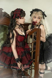 Black Gothic Corset Dress Tiered Ruffles Hem Lolita Jumper Skirt
