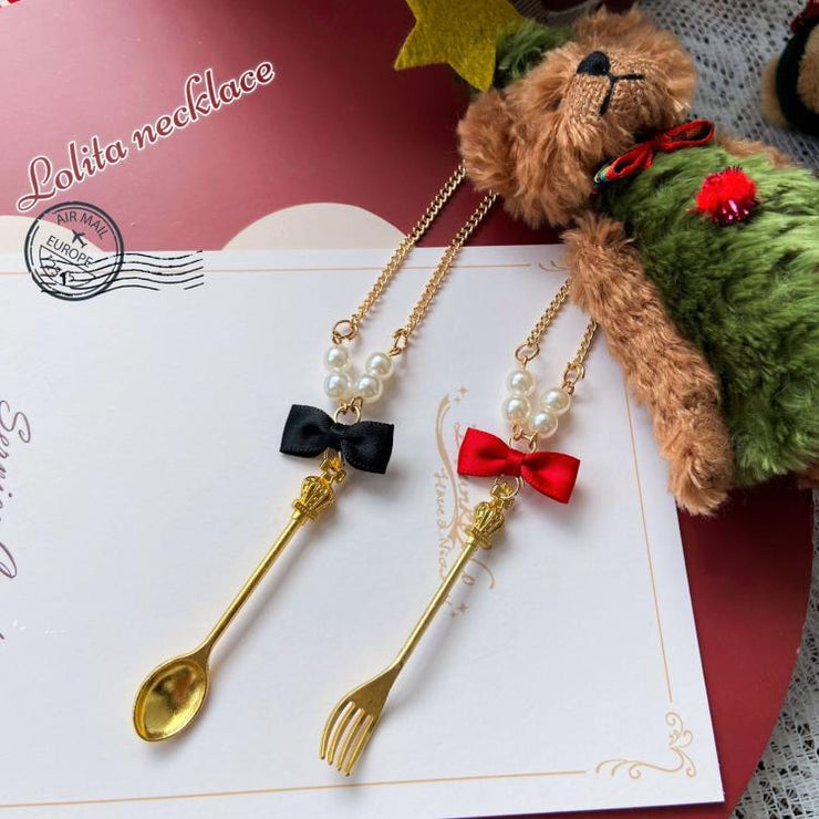 Lolita Handmade Sweet Bow Fork/Spoon/Scissors Pendant Necklace