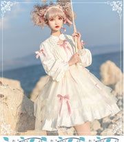 White and Pink Love Song Big Bow Tiered Ruffles Long Sleeves Lolita OP