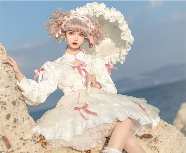 White and Pink Love Song Big Bow Tiered Ruffles Long Sleeves Lolita OP