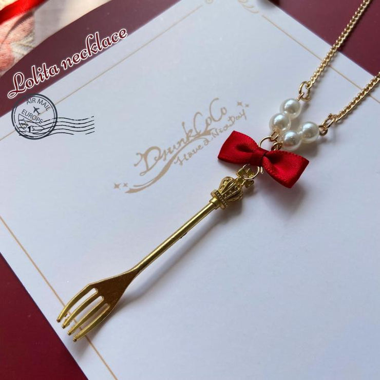 Lolita Handmade Sweet Bow Fork/Spoon/Scissors Pendant Necklace