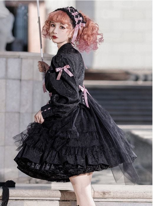 Black and Pink Love Song Big Bow Tiered Ruffles Long Sleeves One Piece