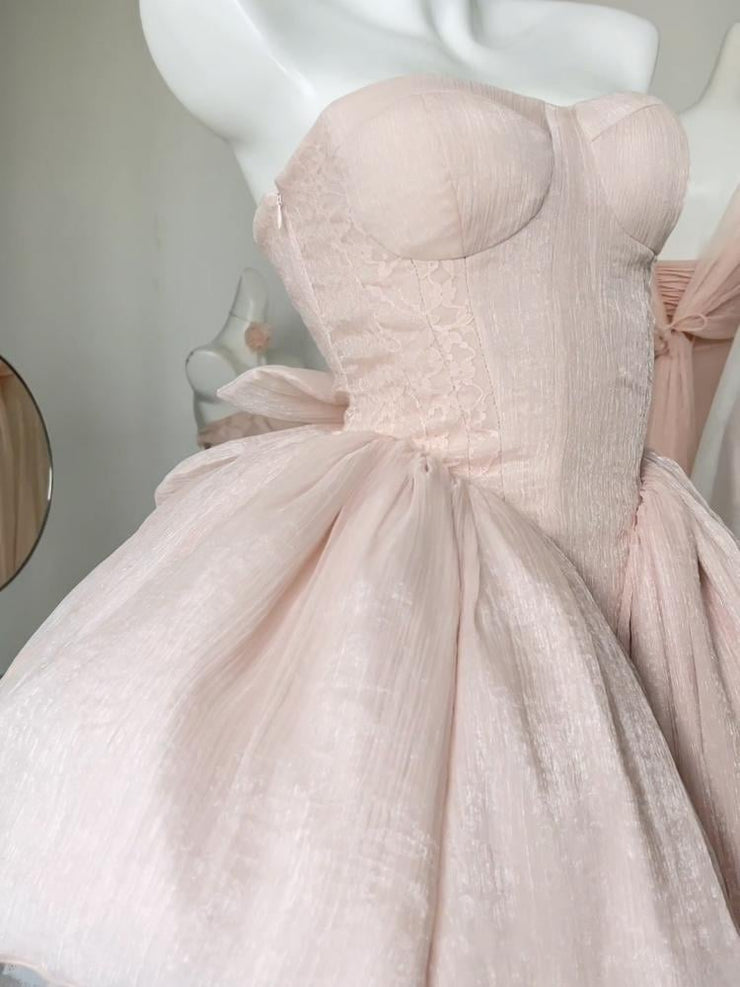 Pink Balletcore Puff Tube Dress with Big Bow Train