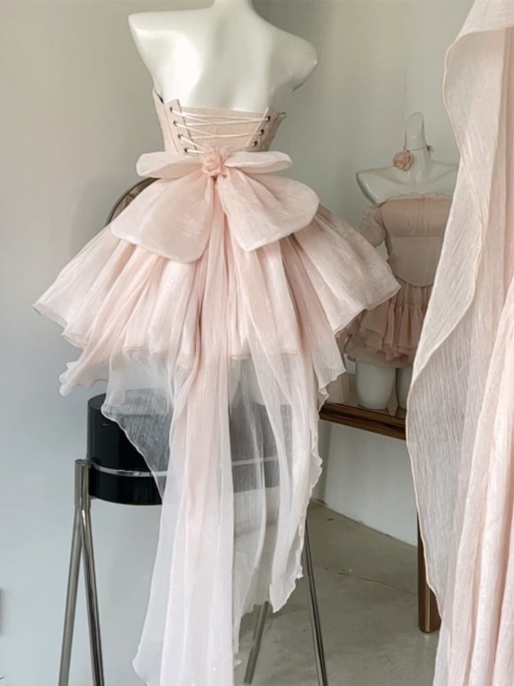 Pink Balletcore Puff Tube Dress with Big Bow Train