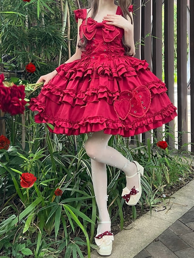 7 Color Options Lace-up Detail Sweetheart Neckline Ruffle Trim Hem Jumper Skirt