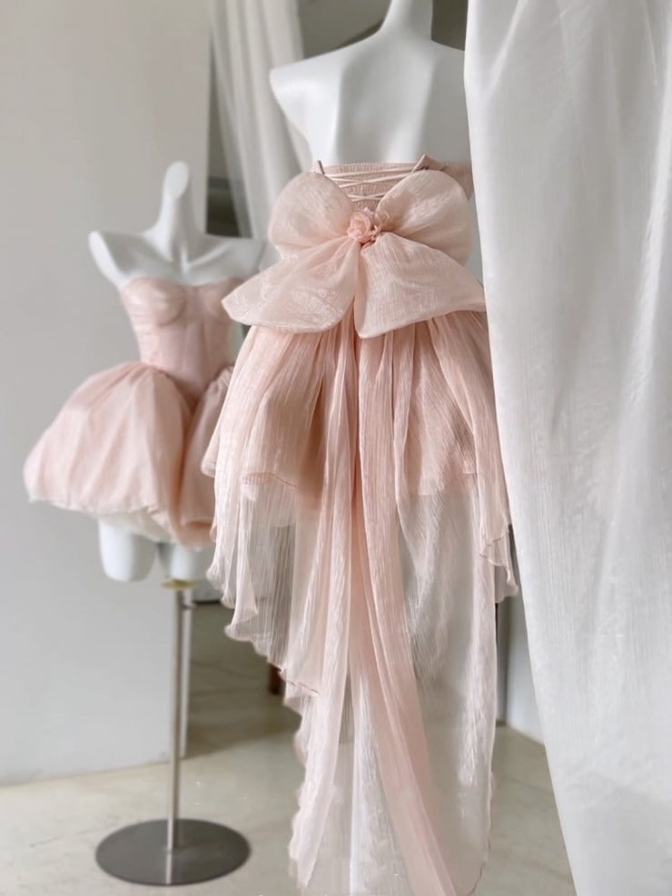 Pink Balletcore Puff Tube Dress with Big Bow Train