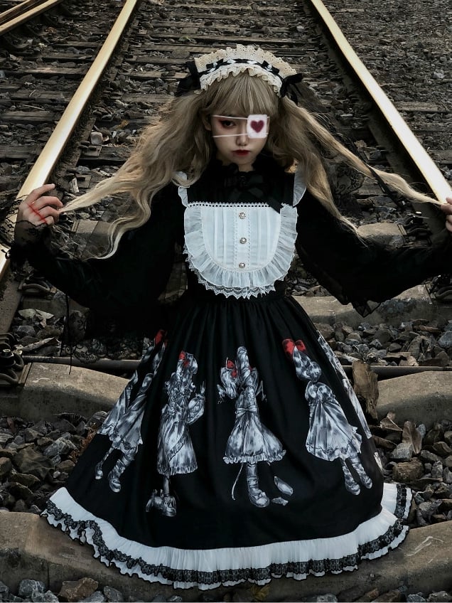 In Stock Marionette Print High Waist Gothic Jumper Skirt/Blouse/Hairband