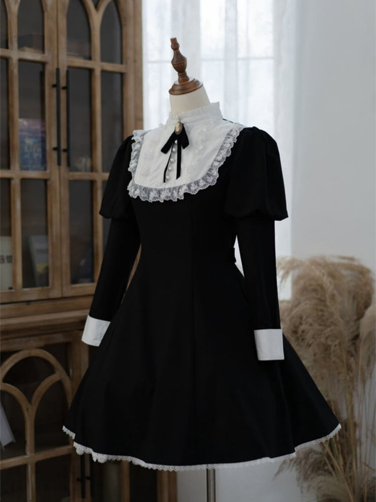 White and Black Banded Collar One Piece Long Sleeves Nun Costume