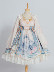 In Stock Chinoiserie Mountains-and-waters Painting Print Long Sleeves Lolita OP