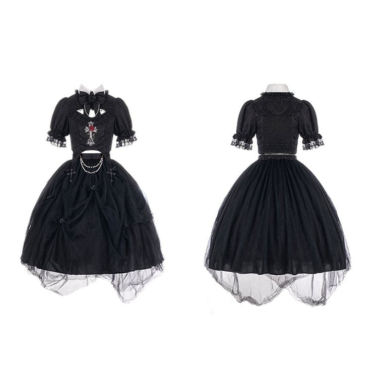 Black Gothic Rose Cross Embroidery Top + Skirt Set
