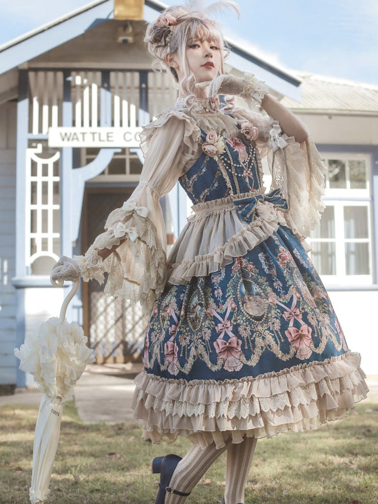 Beige Chiffon Vintage Blouse Lace Flounce Sleeves