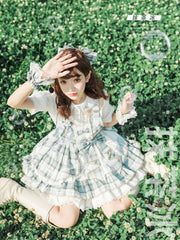 Clearance-Size S for Waist 60-66CM Green Plaid Ruffle Skirt Idol Dress Lolita Overalls