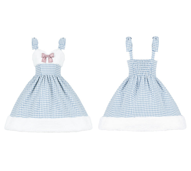 White and Blue Houndstooth Plaid and Plush Winter Lolita Dress