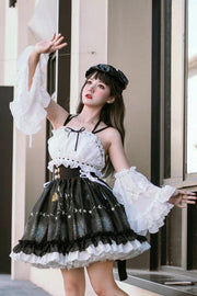 Gesang Flower and Constellation Print Ruffle Hem Lolita SK