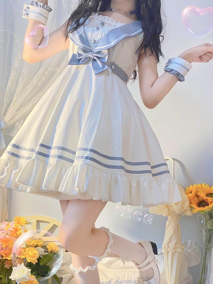 Summer Sea Breeze Sailor Collar Natural Waist Ruffle Hem Jumper Skirt/Full Set