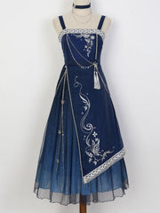 Starry Night Dark Blue Midi Dress Butterfly Embroidery and Chain