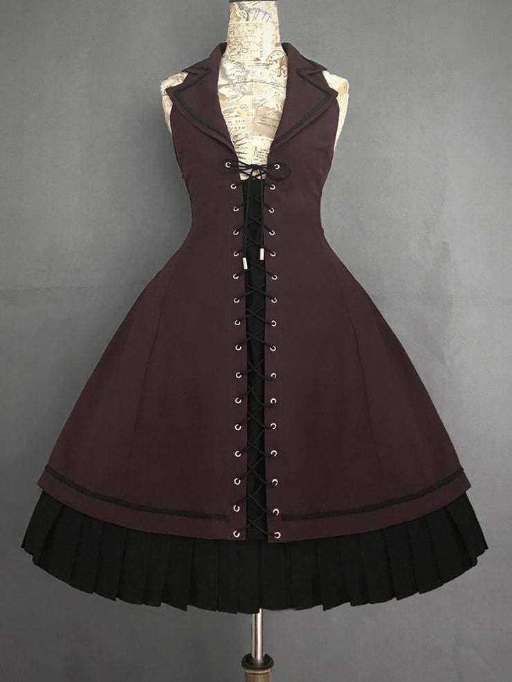 Plus Size Friendly-Dark Red Halter Neck Blazer Collar Jumper Skirt