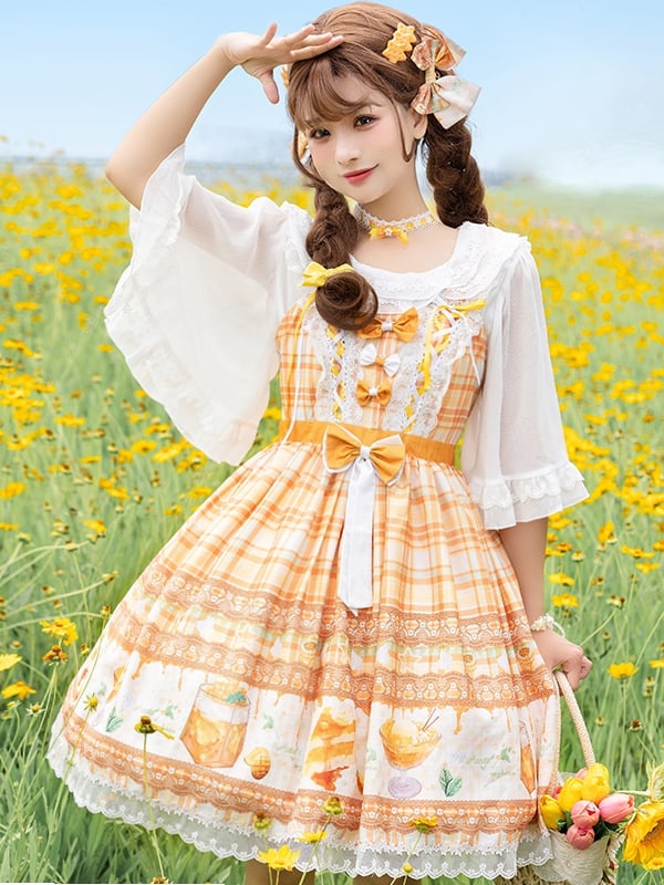 Mango Macchiato Dessert Print Plaid Pattern Sweet Lolita JSK