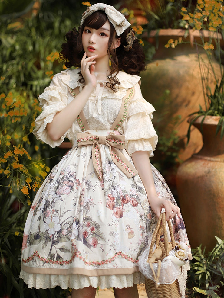 Thumbelina Floral Print Embroidery Bowknot Overall Skirt