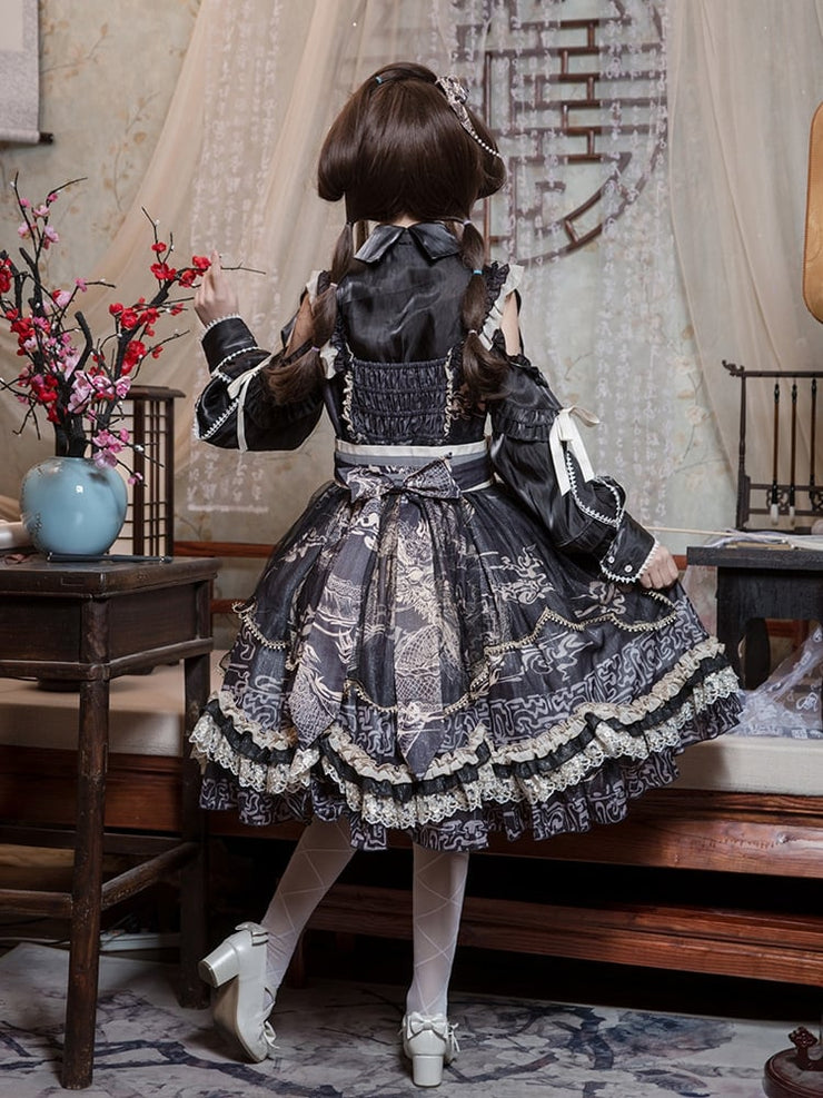 In Stock Black Chinoiserie Style Pattern Design Dragon Print Bowknot Details Jumper Skirt