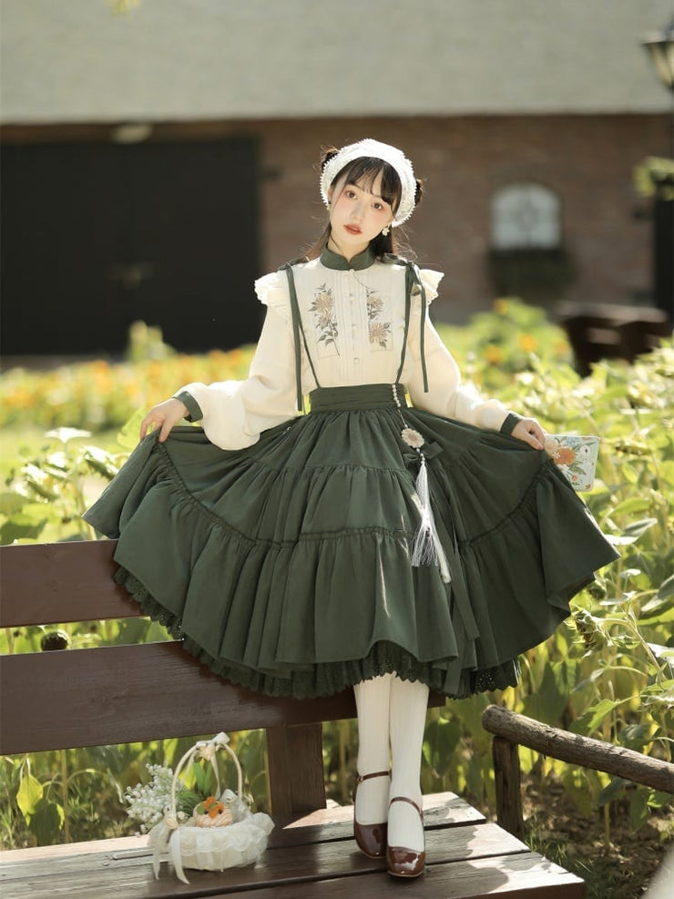 Beige Sunflowers Embroidery Blouse + Green Tiered Skirt with Sunflower Charm Set