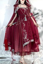 Wine Red Butterfly Embroidery Long Dress + Cloak Set with Chains