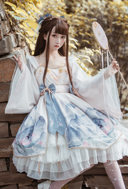 In Stock Chinoiserie Mountains-and-waters Painting Print Long Sleeves Lolita OP
