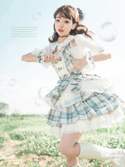 Clearance-Size S for Waist 60-66CM Green Plaid Ruffle Skirt Idol Dress Lolita Overalls