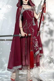 Wine Red Butterfly Embroidery Long Dress + Cloak Set with Chains